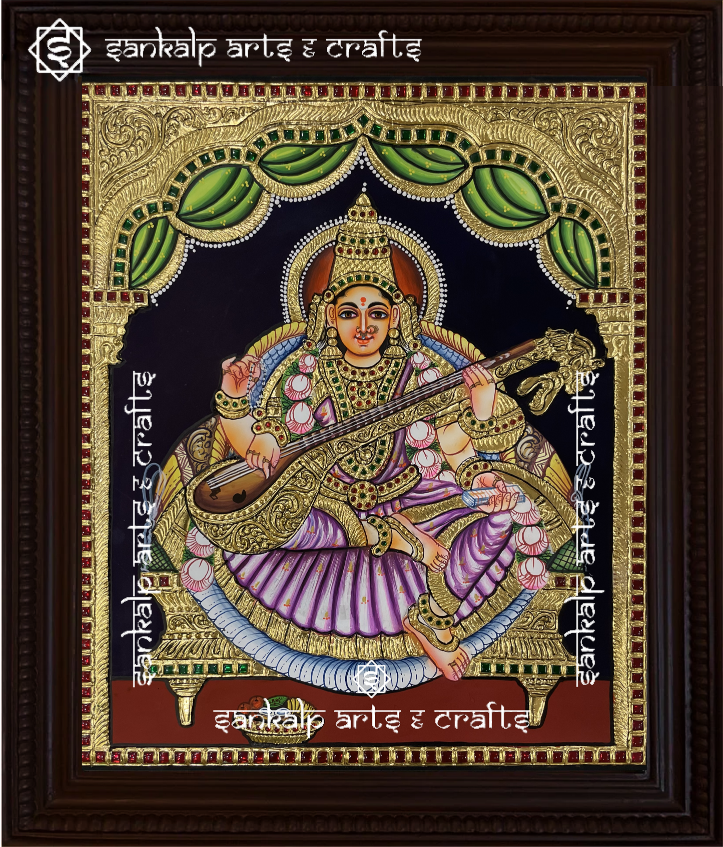 This traditional Tanjore painting of Goddess Saraswathi, adorned with gold foil detailing, enhances spiritual spaces in Chennai & Bangalore.

