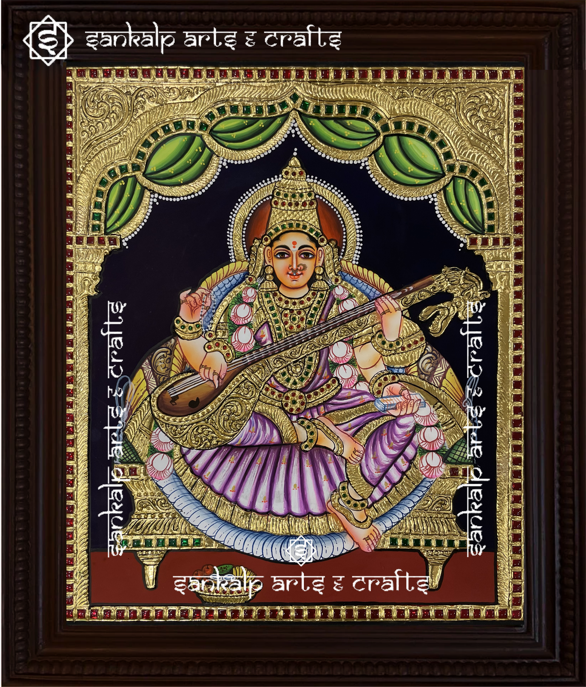 This traditional Tanjore painting of Goddess Saraswathi, adorned with gold foil detailing, enhances spiritual spaces in Chennai & Bangalore.

