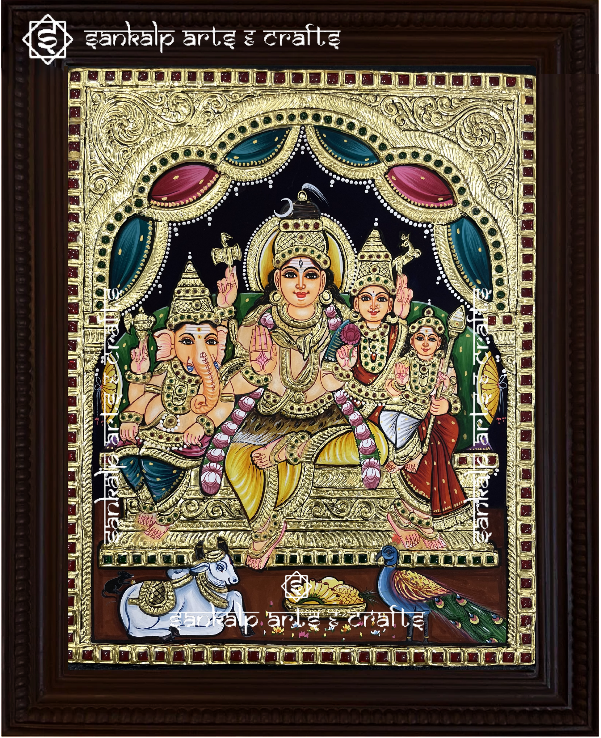 This Shivan Family Tanjore painting is a masterpiece of rich colors and fine craftsmanship, perfect for home and temple decor in Chennai & Bangalore.