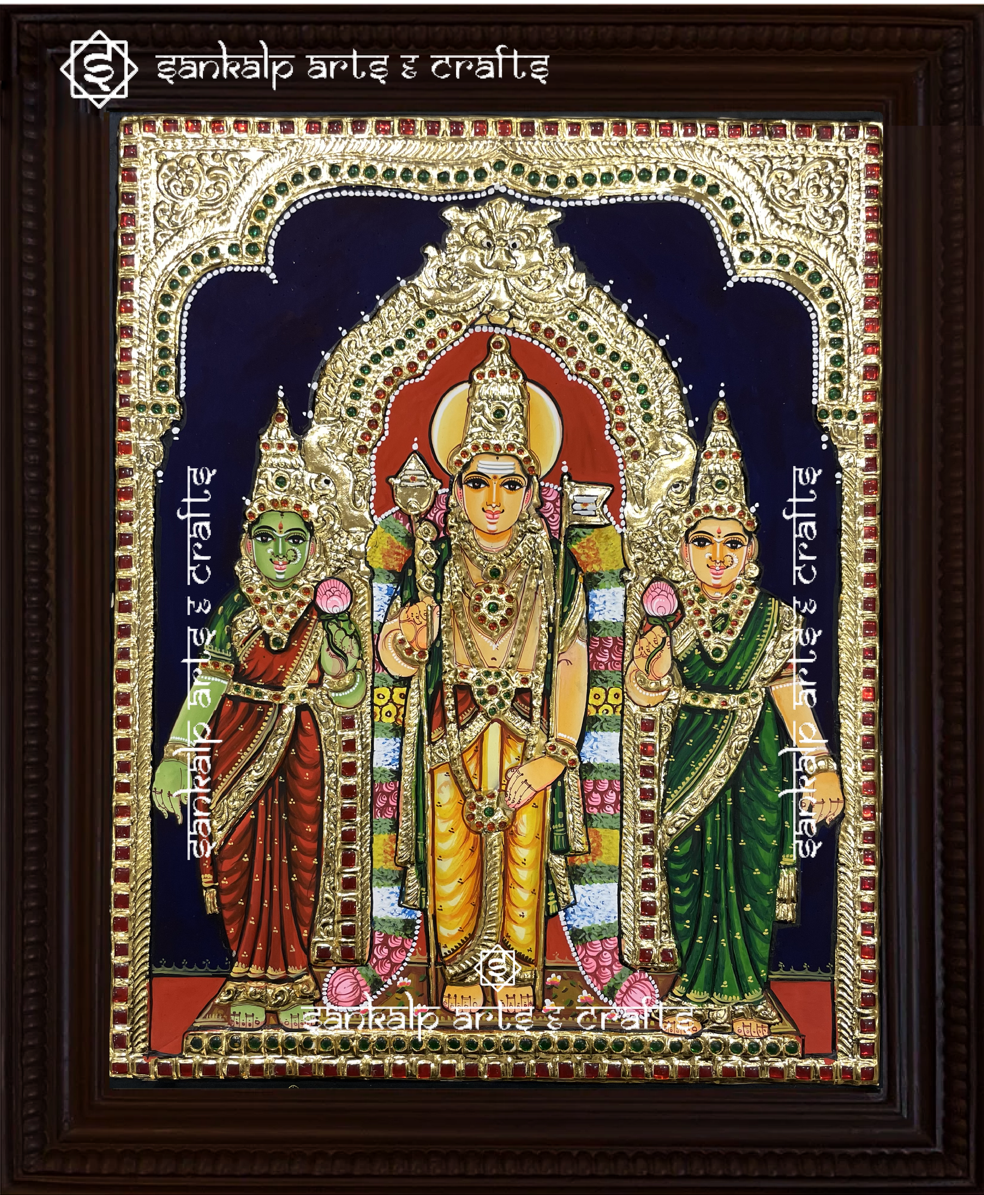 This beautiful Tiruchendur Murugan Tanjore painting showcases intricate craftsmanship, perfect for home and temple decor in Chennai & Bangalore.

