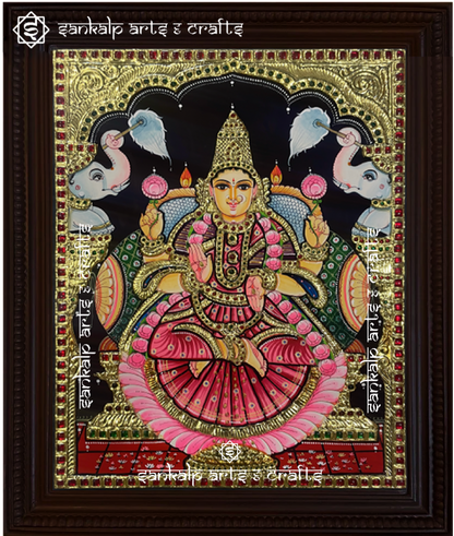 This exquisite Tanjore painting of Goddess Gajalakshmi symbolizes wealth and prosperity, perfect for home decor in Chennai & Bangalore.

