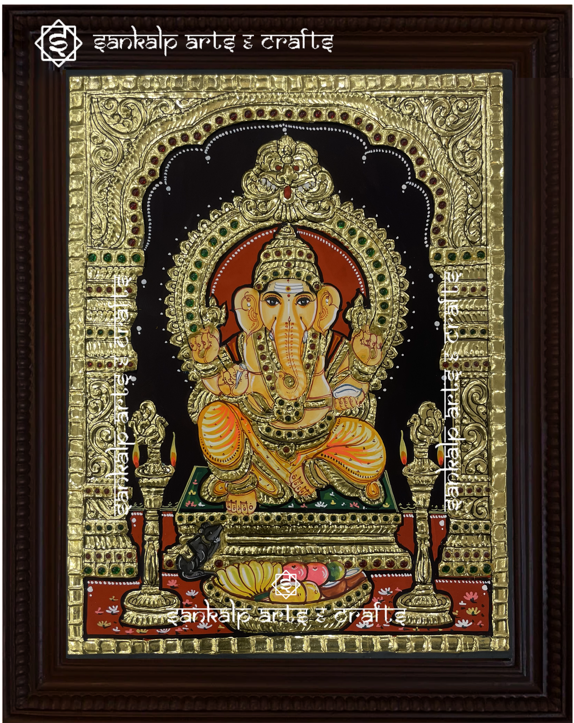 Traditional Tanjore painting featuring Lord Ganesha in a royal alangaram with intricate detailing and spiritual elegance. Ideal for pooja rooms in Chennai & Bangalore.