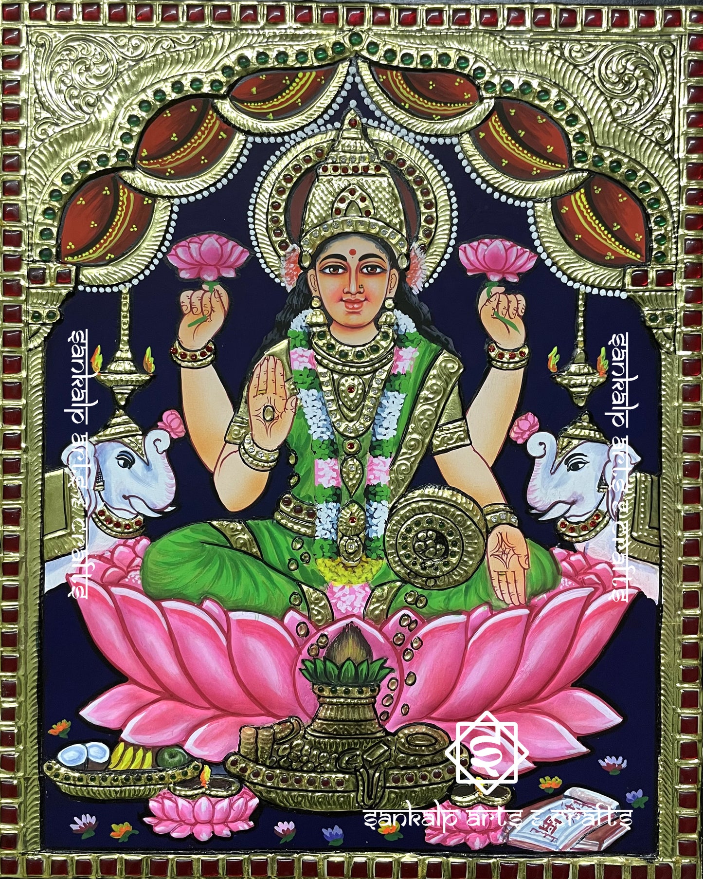 Mahalakshmi Tanjore Painting - Green Saree