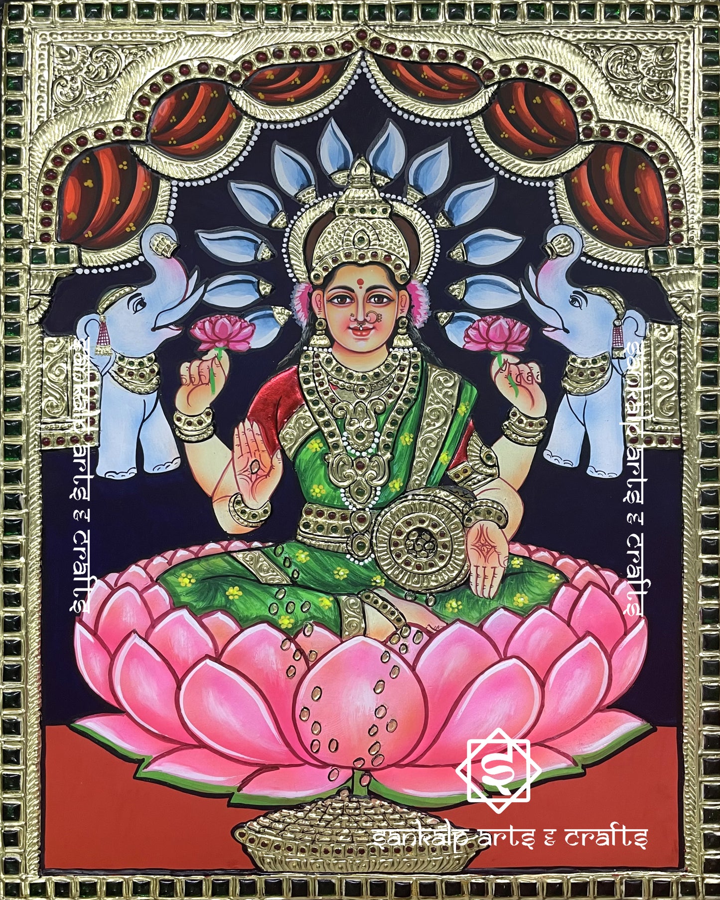 Mahalakshmi Tanjore Painting - Green Saree