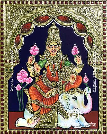 Antique Gajalakshmi Tanjore Painting - Red Saree