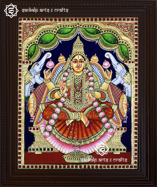 Antique Gajalakshmi Tanjore Painting - Red Saree