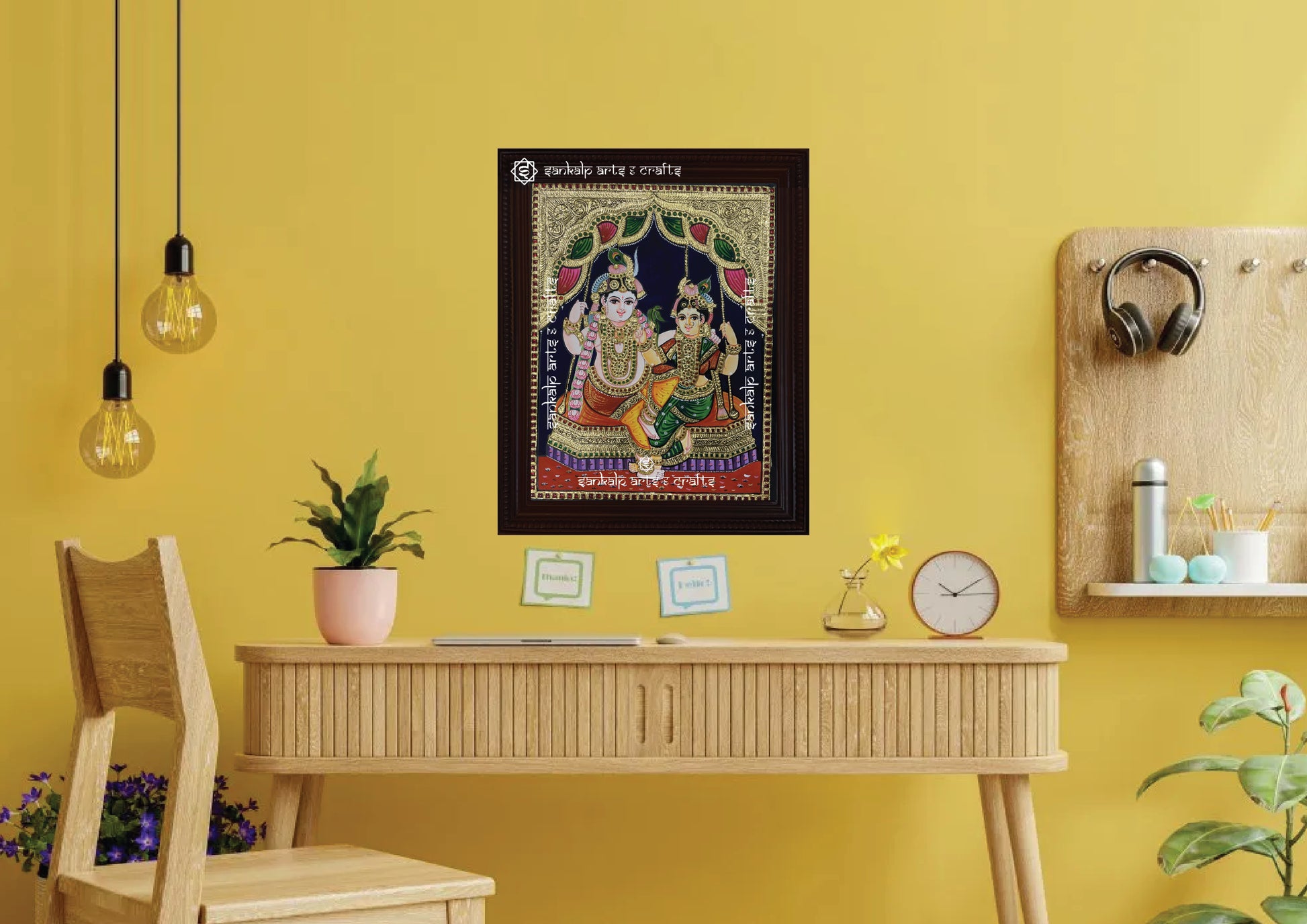 A framed Jhula Radhe Krishna Tanjore painting, crafted in South Indian style with exquisite gold detailing and vibrant colors, perfect for adding a divine touch and spiritual elegance to your pooja room or living space.

