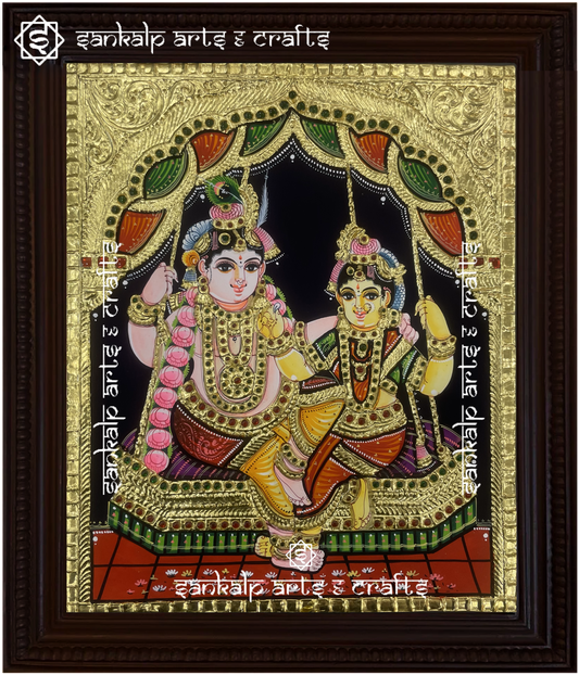 A mesmerizing Jhula Radhe Krishna Tanjore painting in South Indian style, showcasing divine love with intricate gold detailing. Perfect for Chennai & Bangalore homes.