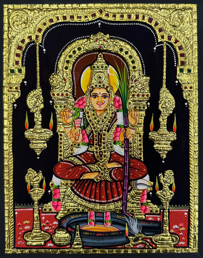 A close-up view of the Kamakshi Amman Tanjore painting, featuring rich textures and delicate gold accents, perfect for adding spiritual elegance to any room.

