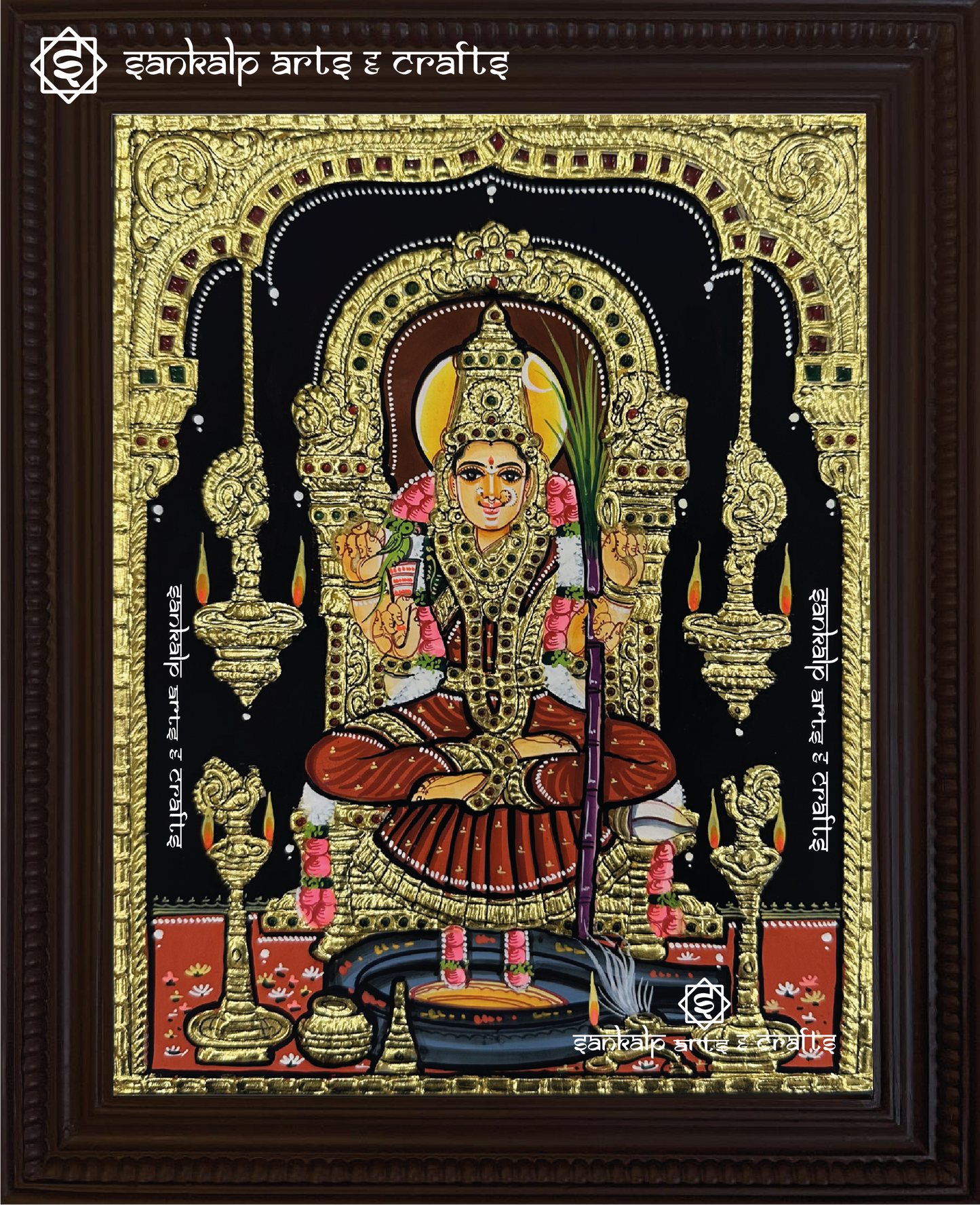 A detailed Kamakshi Amman Tanjore painting, capturing the goddess in traditional style with intricate gold foil work, vibrant colors, and divine expression.