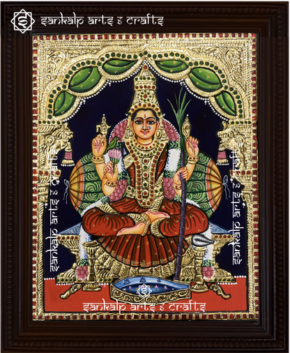 A sacred Kamakshi Amman Tanjore painting depicting the Goddess in all her grace, adorned with intricate gold foil work. Available in Chennai & Bangalore.

