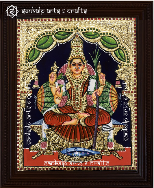 A sacred Kamakshi Amman Tanjore painting depicting the Goddess in all her grace, adorned with intricate gold foil work. Available in Chennai & Bangalore.

