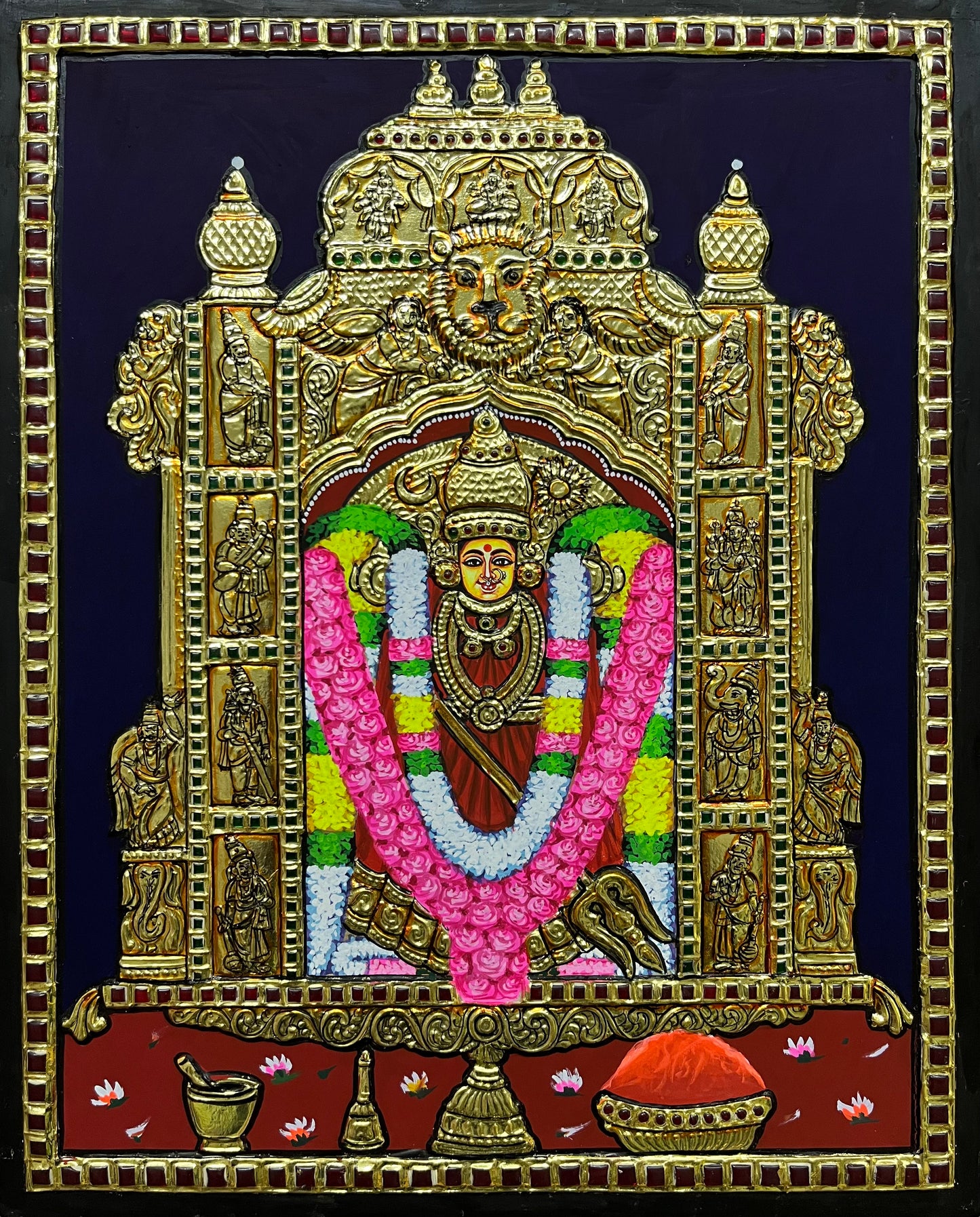 A close-up of the Kanaga Durga Tanjore painting, highlighting the goddess's strength and grace with detailed gold accents, perfect for enhancing any spiritual space.
