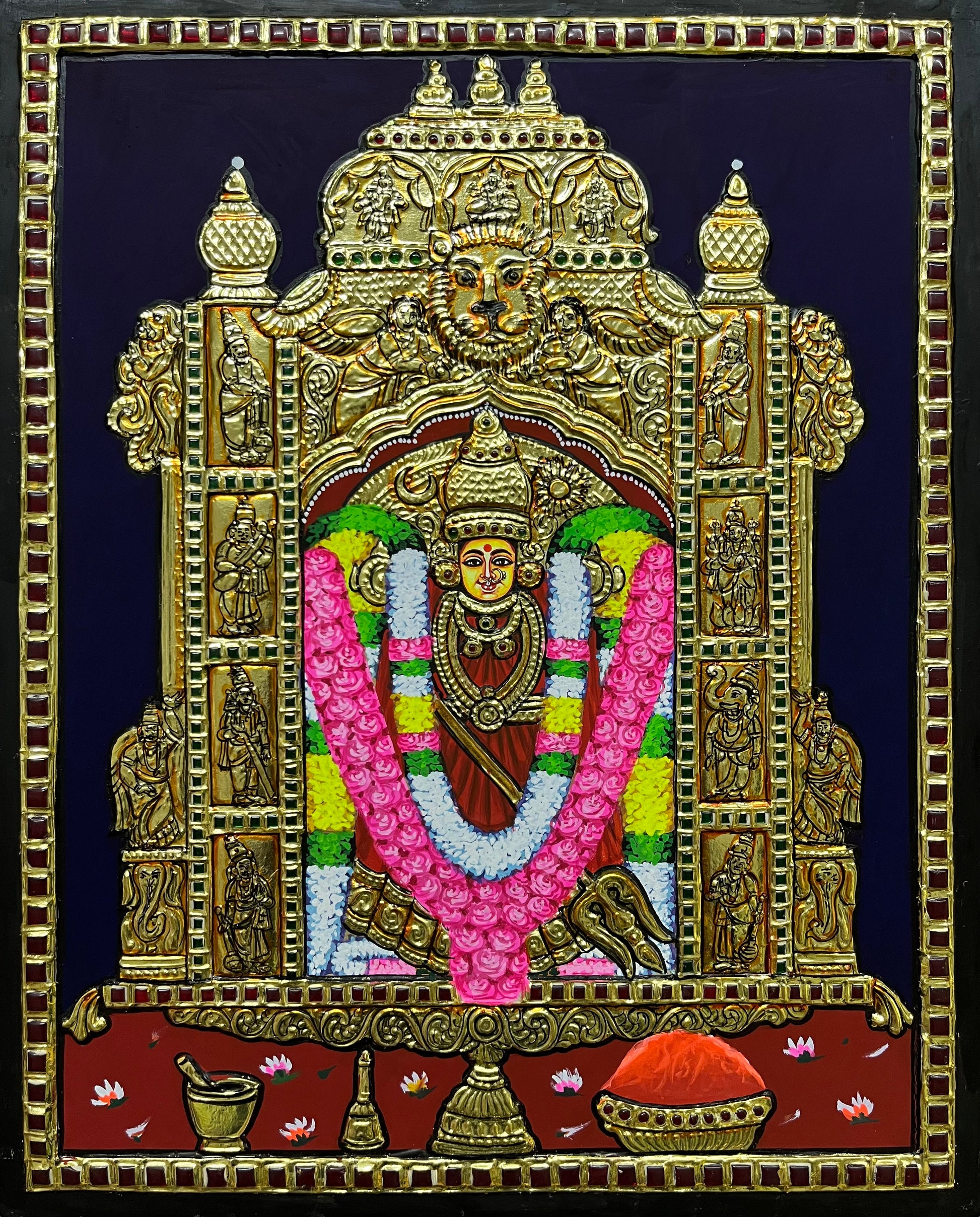 A close-up of the Kanaga Durga Tanjore painting, highlighting the goddess's strength and grace with detailed gold accents, perfect for enhancing any spiritual space.