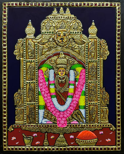 A close-up of the Kanaga Durga Tanjore painting, highlighting the goddess's strength and grace with detailed gold accents, perfect for enhancing any spiritual space.