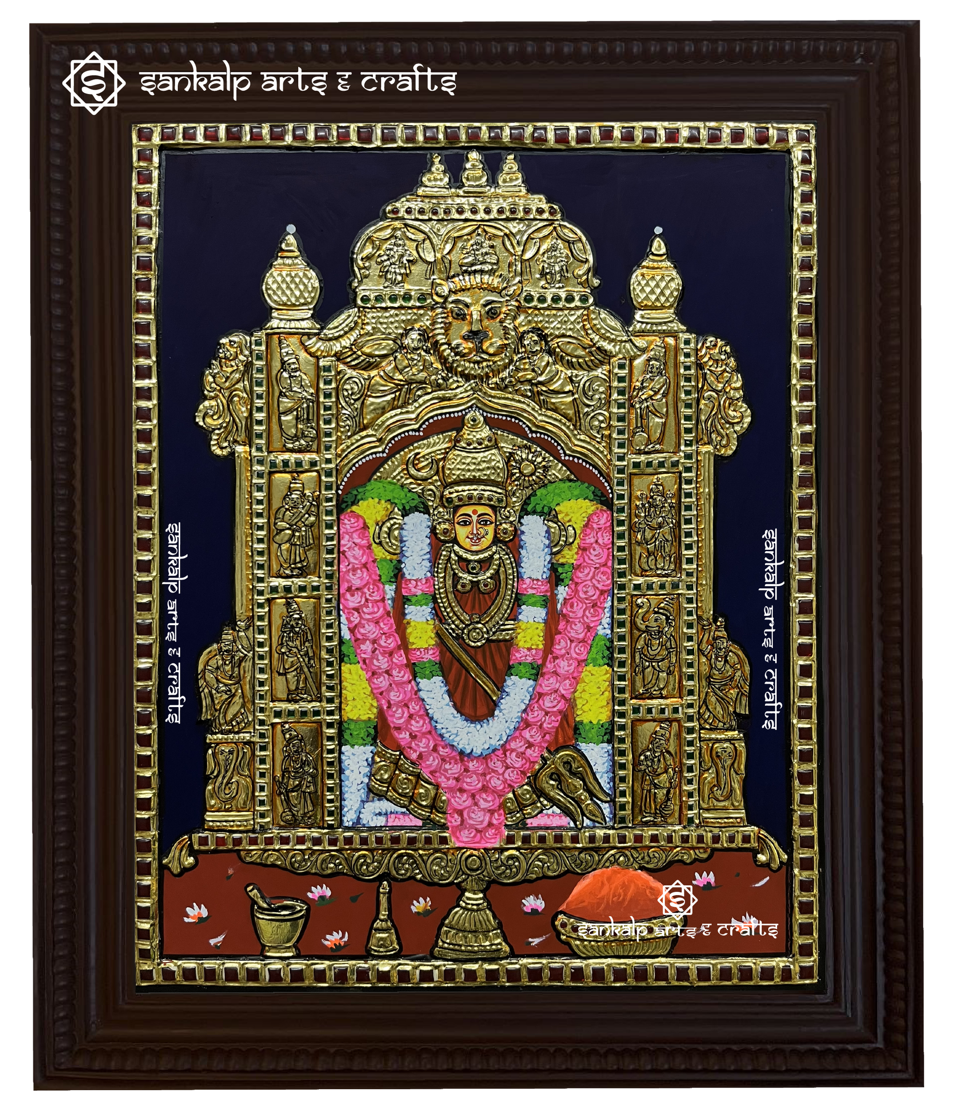 A captivating Kanaga Durga Tanjore painting, featuring intricate gold foil work and vibrant colors, beautifully depicting the goddess Durga in her powerful, divine form.

