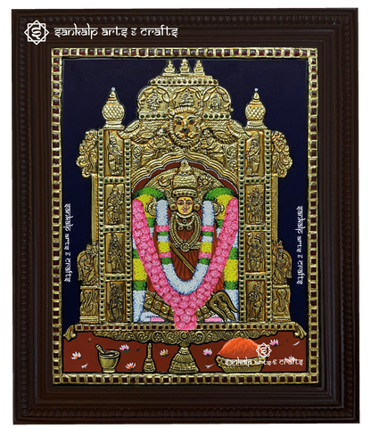 A captivating Kanaga Durga Tanjore painting, featuring intricate gold foil work and vibrant colors, beautifully depicting the goddess Durga in her powerful, divine form.

