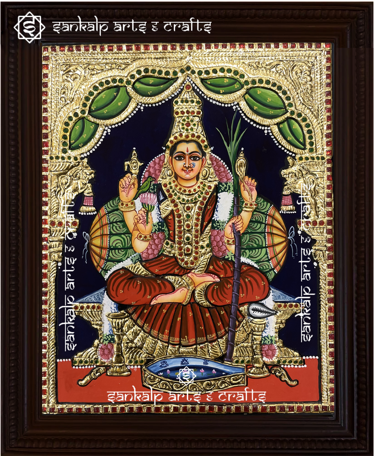 This Kamakshi Amman Tanjore painting radiates divine energy, featuring vibrant colors and detailed craftsmanship in Chennai & Bangalore.

