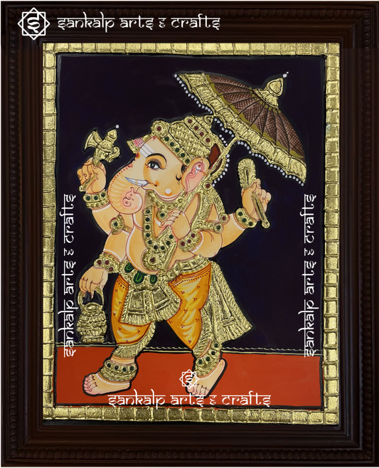 A beautifully framed Tanjore painting of Kodai Vinayagar, depicting Lord Ganesha with a majestic umbrella. A perfect decor piece for homes in Chennai & Bangalore.