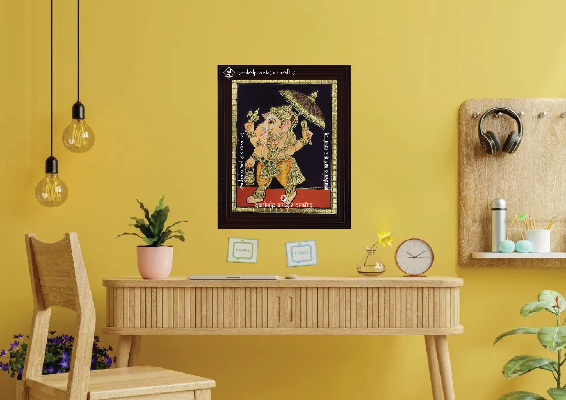 A stunning Tanjore painting of Kodai Vinayagar, symbolizing prosperity and blessings, enhancing home decor in Chennai & Bangalore.