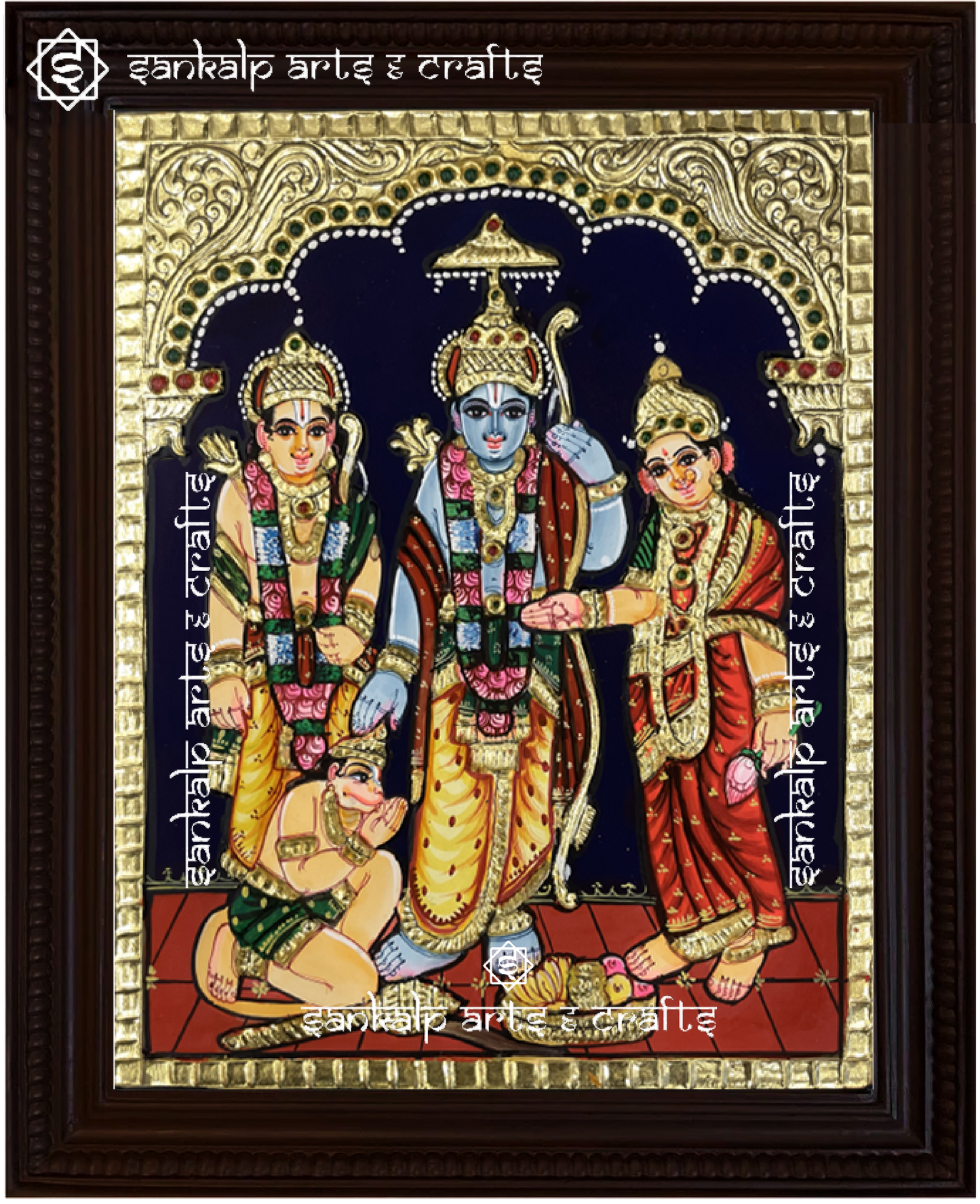 A close-up view of the Kodantha Ramar Tanjore painting, showcasing Lord Rama in a majestic pose with his Kodanda bow, adorned with exquisite gold foil work and rich hues. This painting represents virtue, valor, and spiritual blessings.


