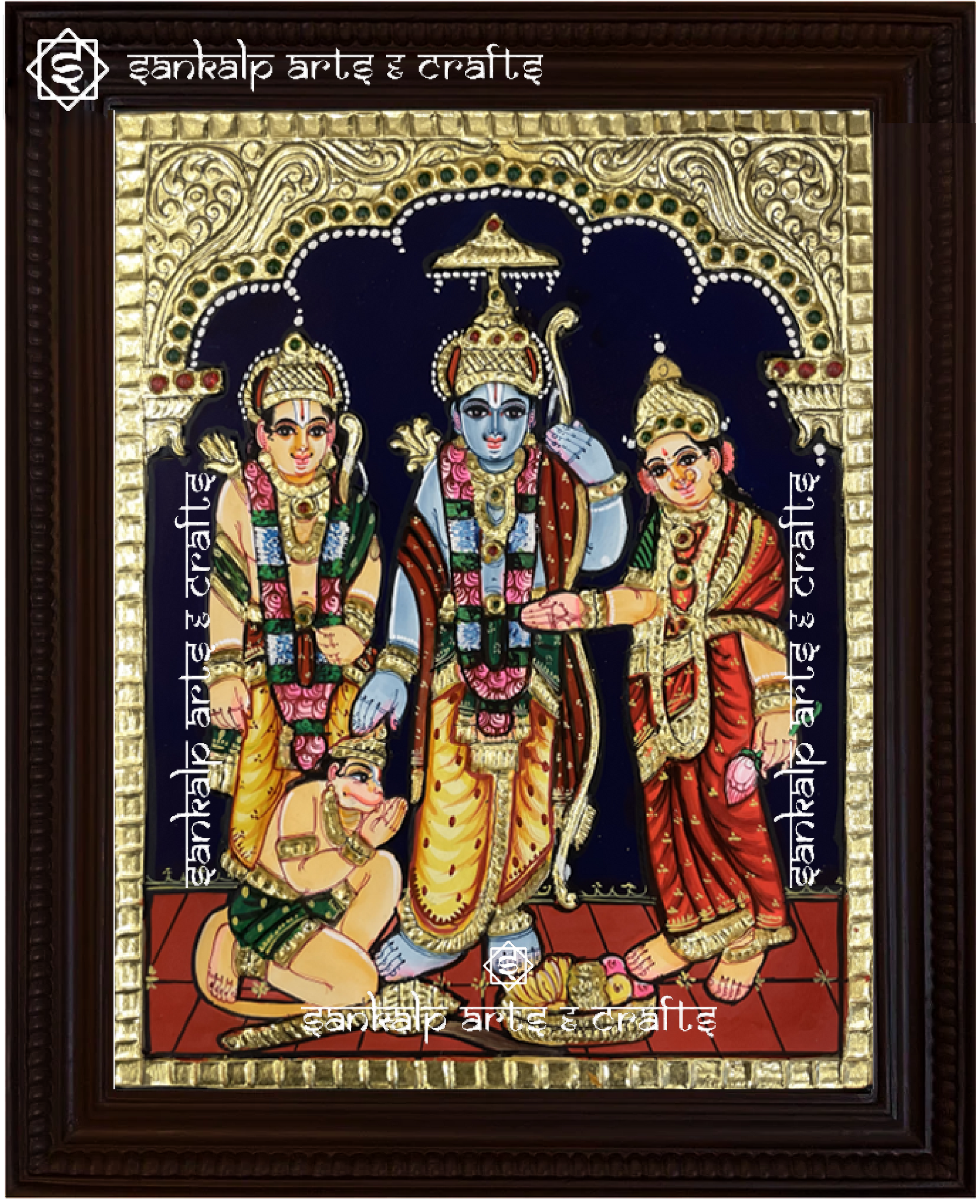 A close-up view of the Kodantha Ramar Tanjore painting, showcasing Lord Rama in a majestic pose with his Kodanda bow, adorned with exquisite gold foil work and rich hues. This painting represents virtue, valor, and spiritual blessings.

