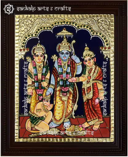 A close-up view of the Kodantha Ramar Tanjore painting, showcasing Lord Rama in a majestic pose with his Kodanda bow, adorned with exquisite gold foil work and rich hues. This painting represents virtue, valor, and spiritual blessings.

