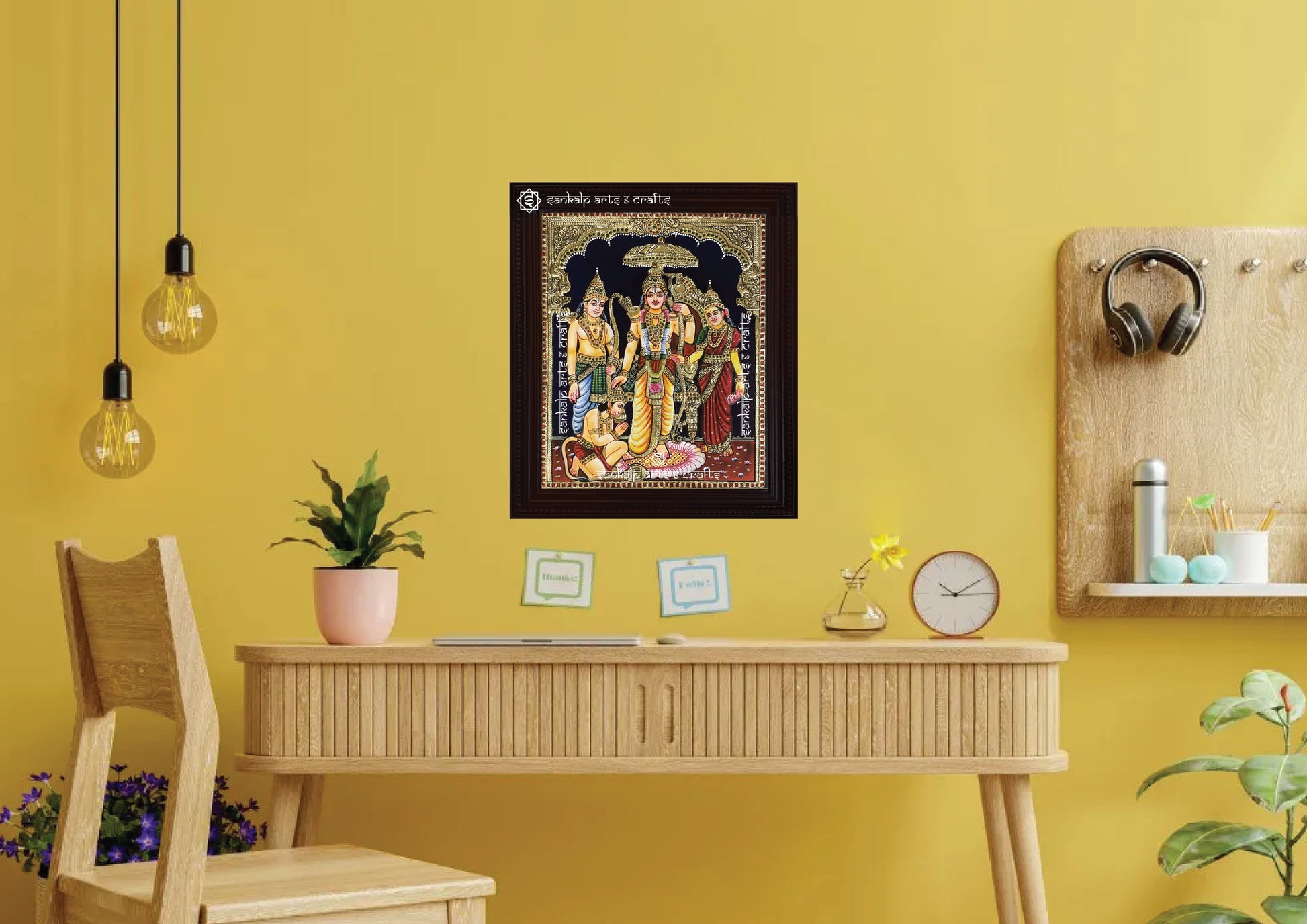 A framed Kodantha Ramar Tanjore painting with intricate detailing, radiating spiritual energy. An ideal décor piece available in Chennai & Bangalore.

