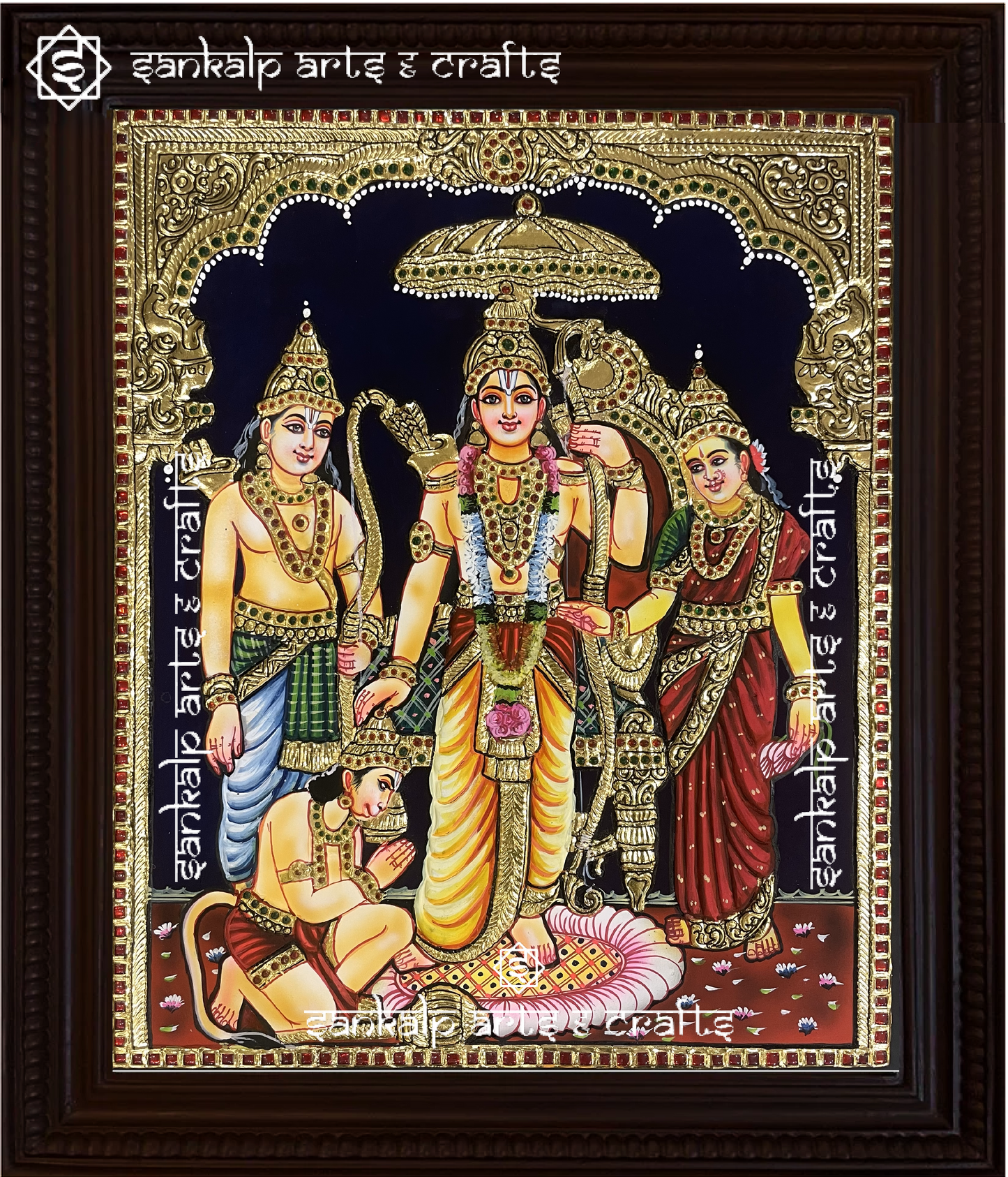 This Kodantha Ramar Tanjore painting captures the divine power and grace of Lord Rama, perfect for pooja rooms and temples in Chennai & Bangalore.

