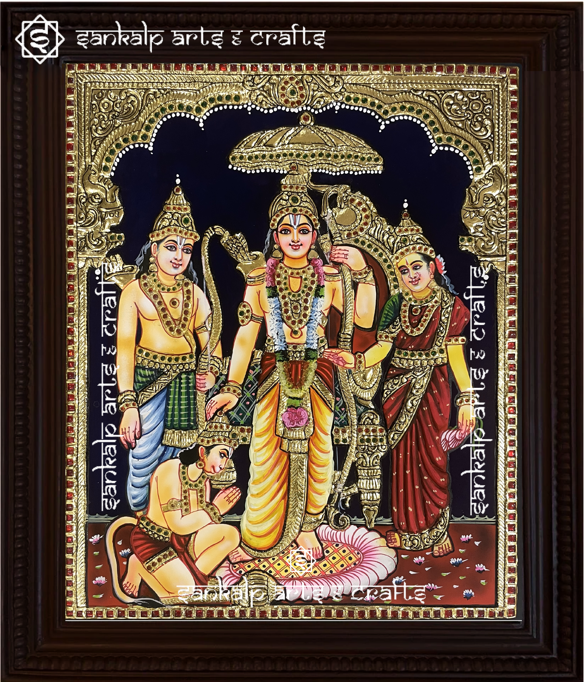 This Kodantha Ramar Tanjore painting captures the divine power and grace of Lord Rama, perfect for pooja rooms and temples in Chennai & Bangalore.

