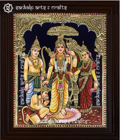 This Kodantha Ramar Tanjore painting captures the divine power and grace of Lord Rama, perfect for pooja rooms and temples in Chennai & Bangalore.

