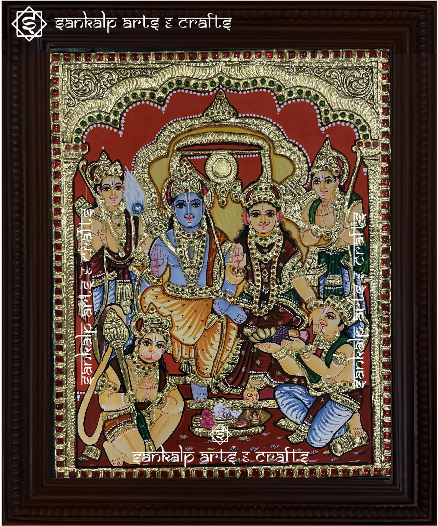 A stunning Tanjore painting of Kodantha Ramar, intricately handcrafted with rich gold foil work, perfect for home decor in Chennai & Bangalore.

