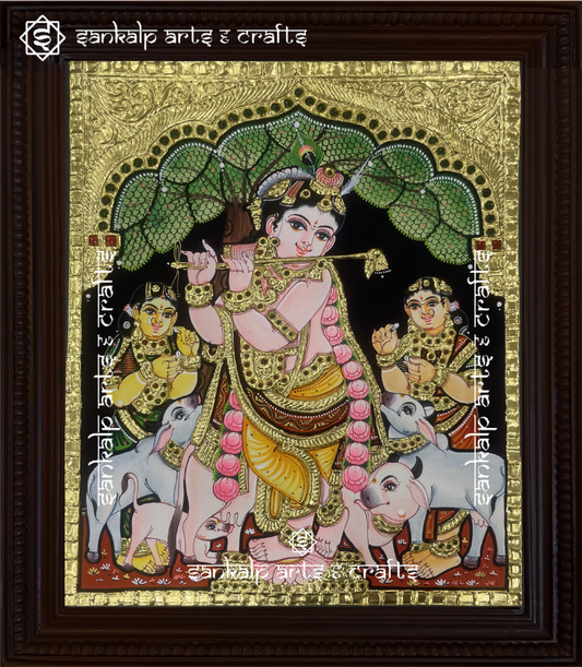 A mesmerizing Krishna Tanjore painting showcasing Lord Krishna in intricate gold foil detailing. A perfect spiritual addition for Chennai & Bangalore homes.