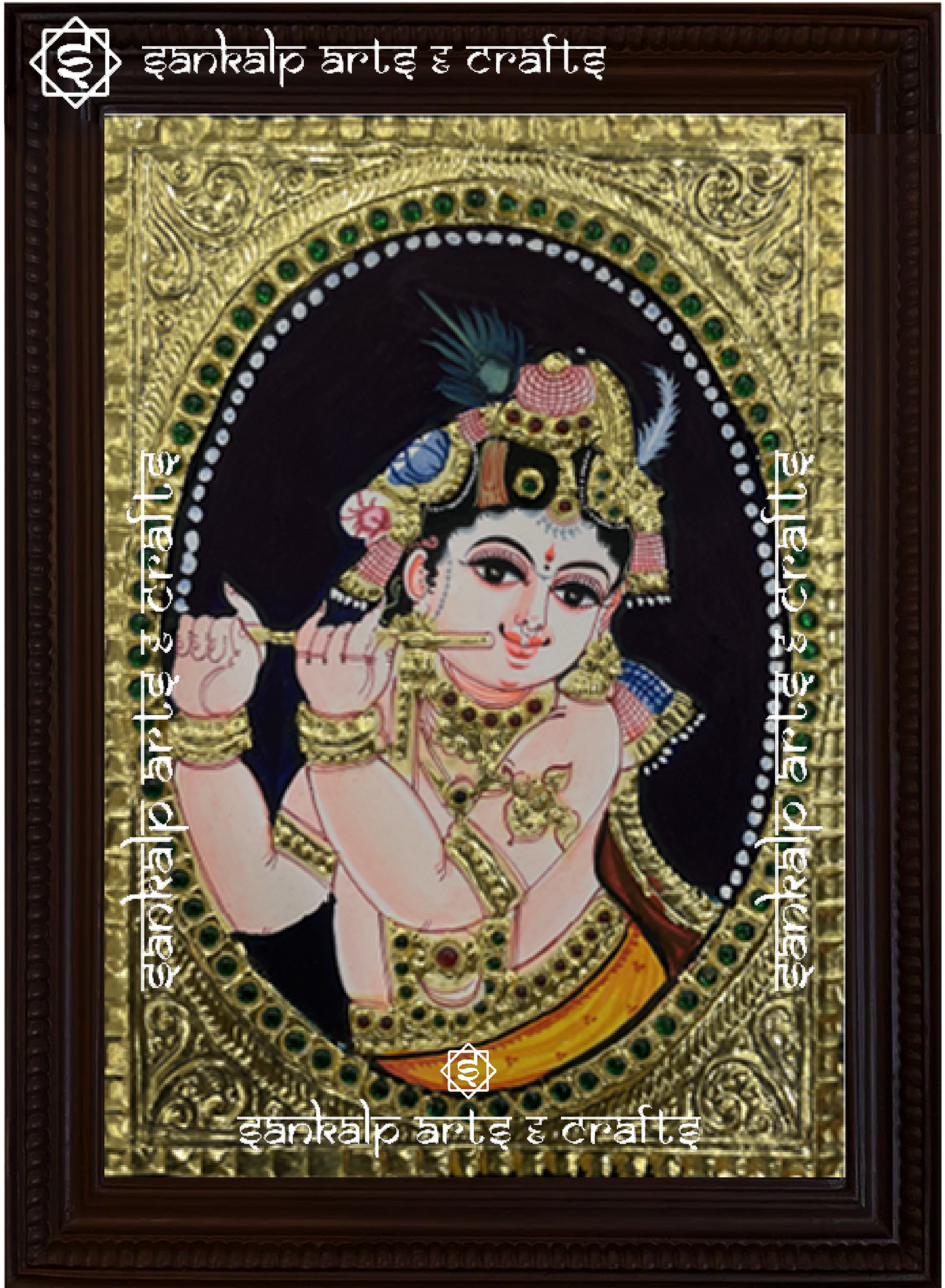 A beautifully handcrafted Krishna Tanjore painting depicting Lord Krishna in a divine pose, adorned with intricate gold foil detailing and vibrant colors, capturing his timeless grace and spirituality.

