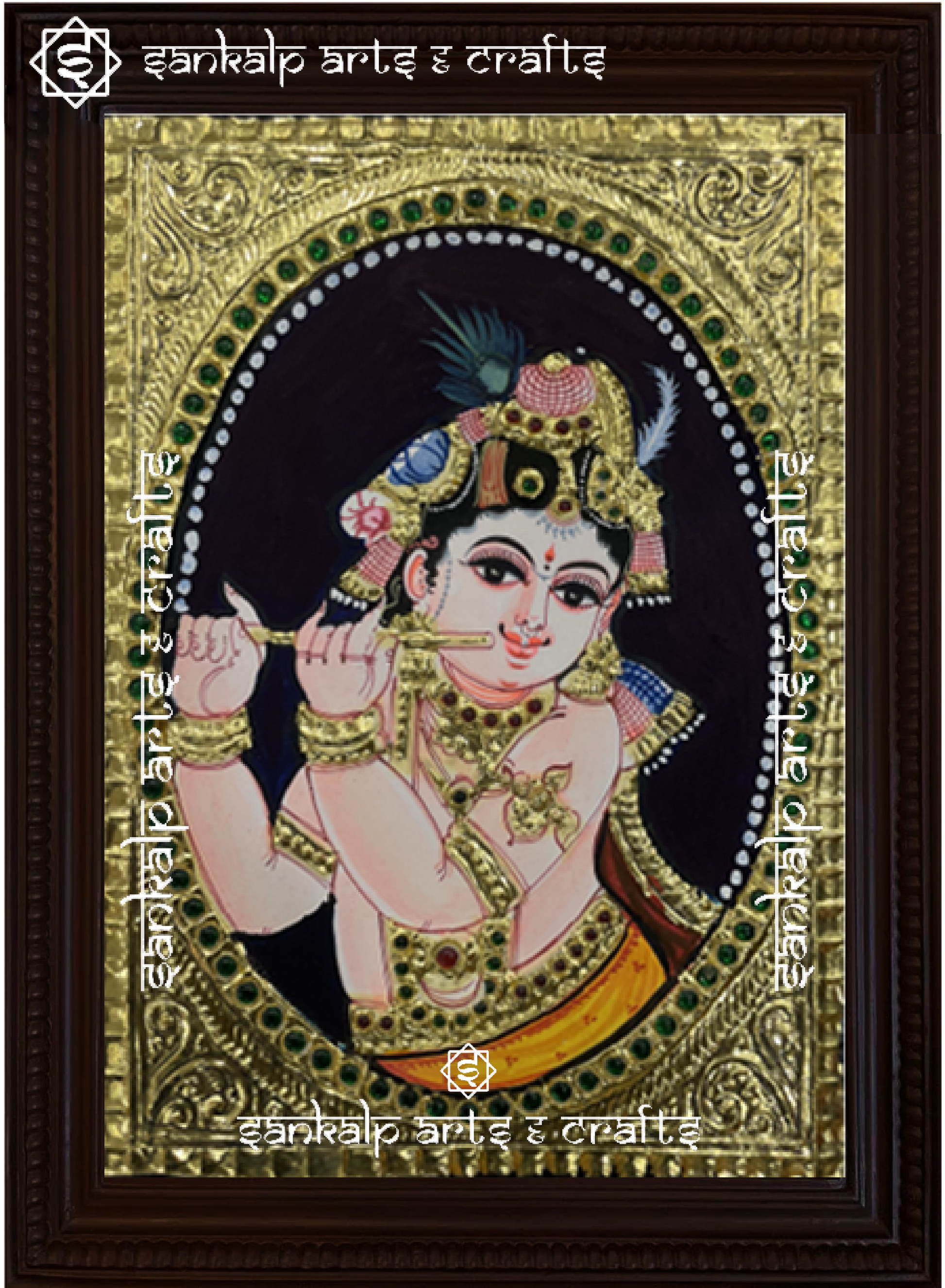 A beautifully handcrafted Krishna Tanjore painting depicting Lord Krishna in a divine pose, adorned with intricate gold foil detailing and vibrant colors, capturing his timeless grace and spirituality.

