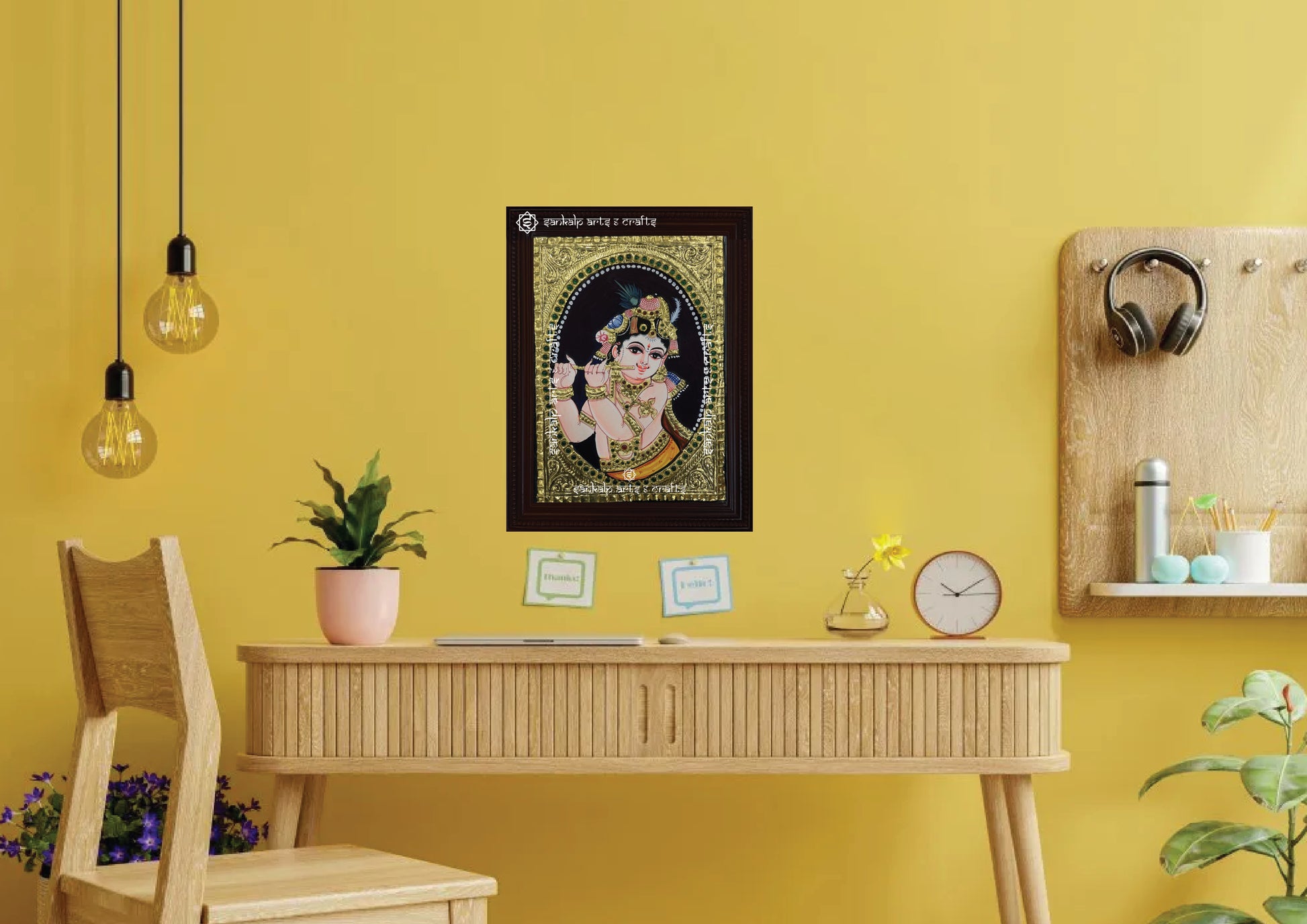 A framed Krishna Tanjore painting, radiating divine energy with rich gold accents and stunning craftsmanship, ideal for enhancing the spiritual atmosphere of your pooja room or living space.







