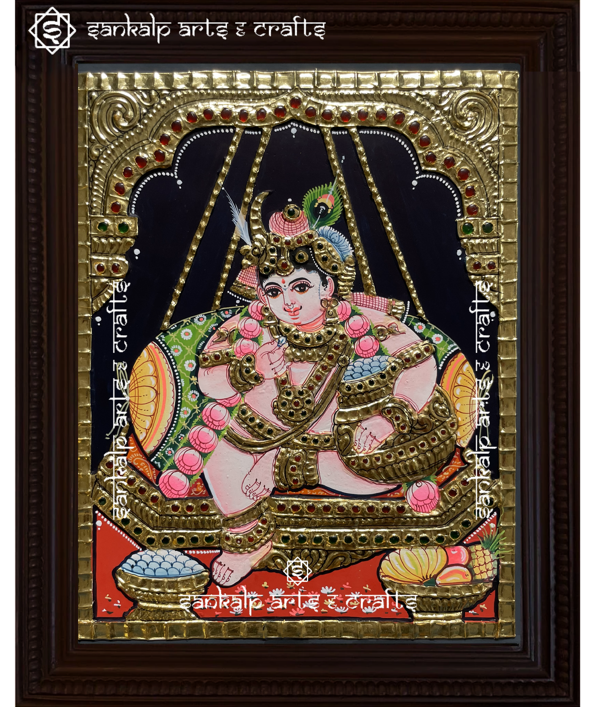 A divine antique-style Tanjore painting of Lord Krishna, adorned with intricate gold foil work, perfect for home decor in Chennai & Bangalore.


