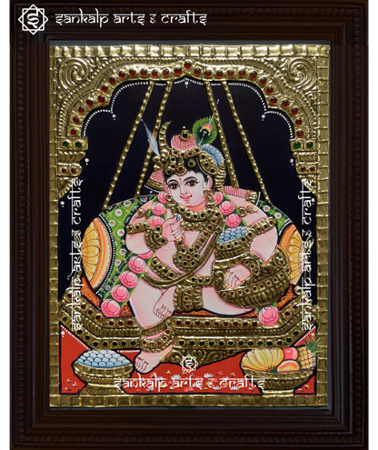 A divine antique-style Tanjore painting of Lord Krishna, adorned with intricate gold foil work, perfect for home decor in Chennai & Bangalore.

