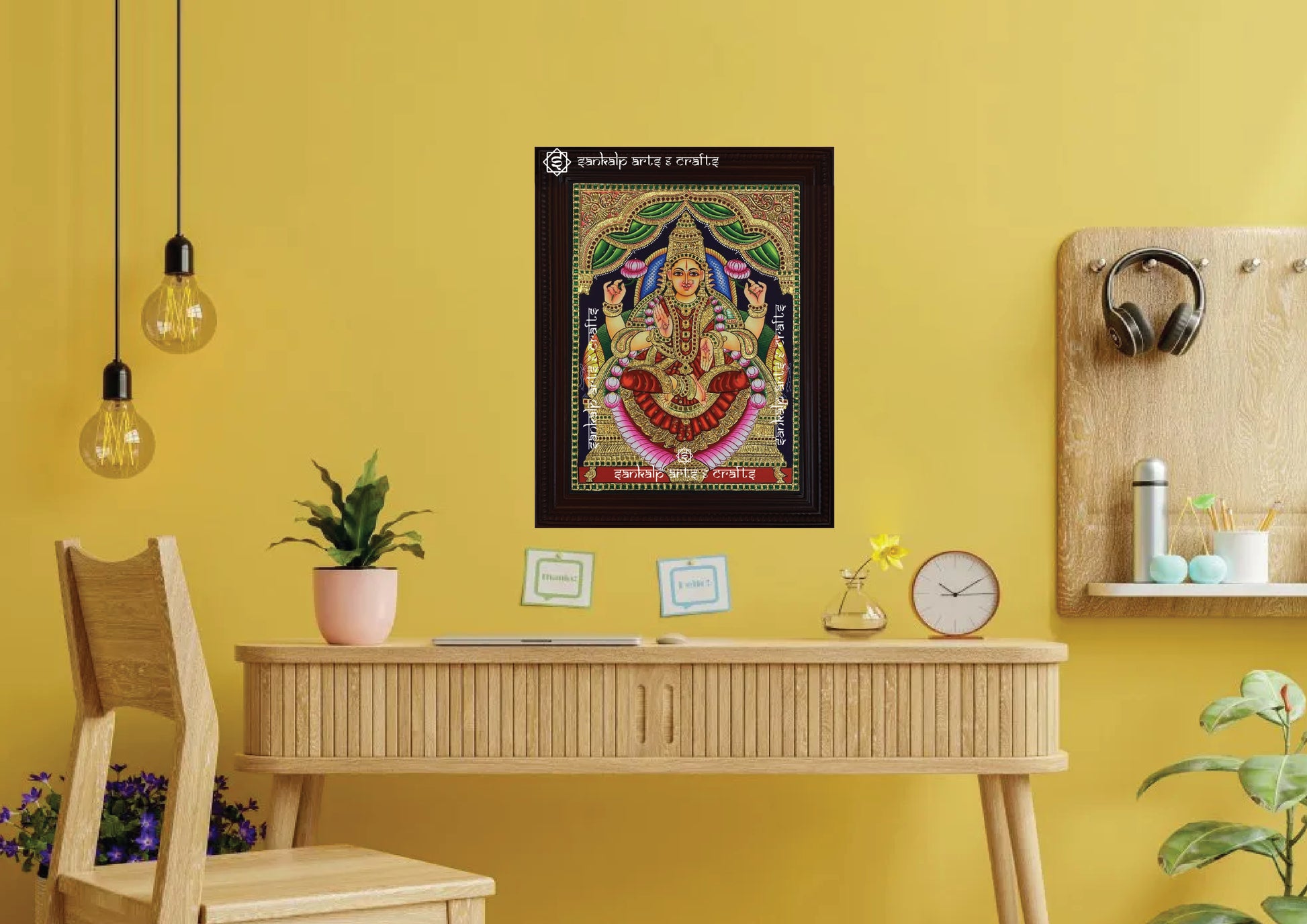 A beautifully detailed Lakshmi Tanjore painting, enhancing spiritual spaces and interiors. Perfect wall decor for homes in Chennai & Bangalore.


