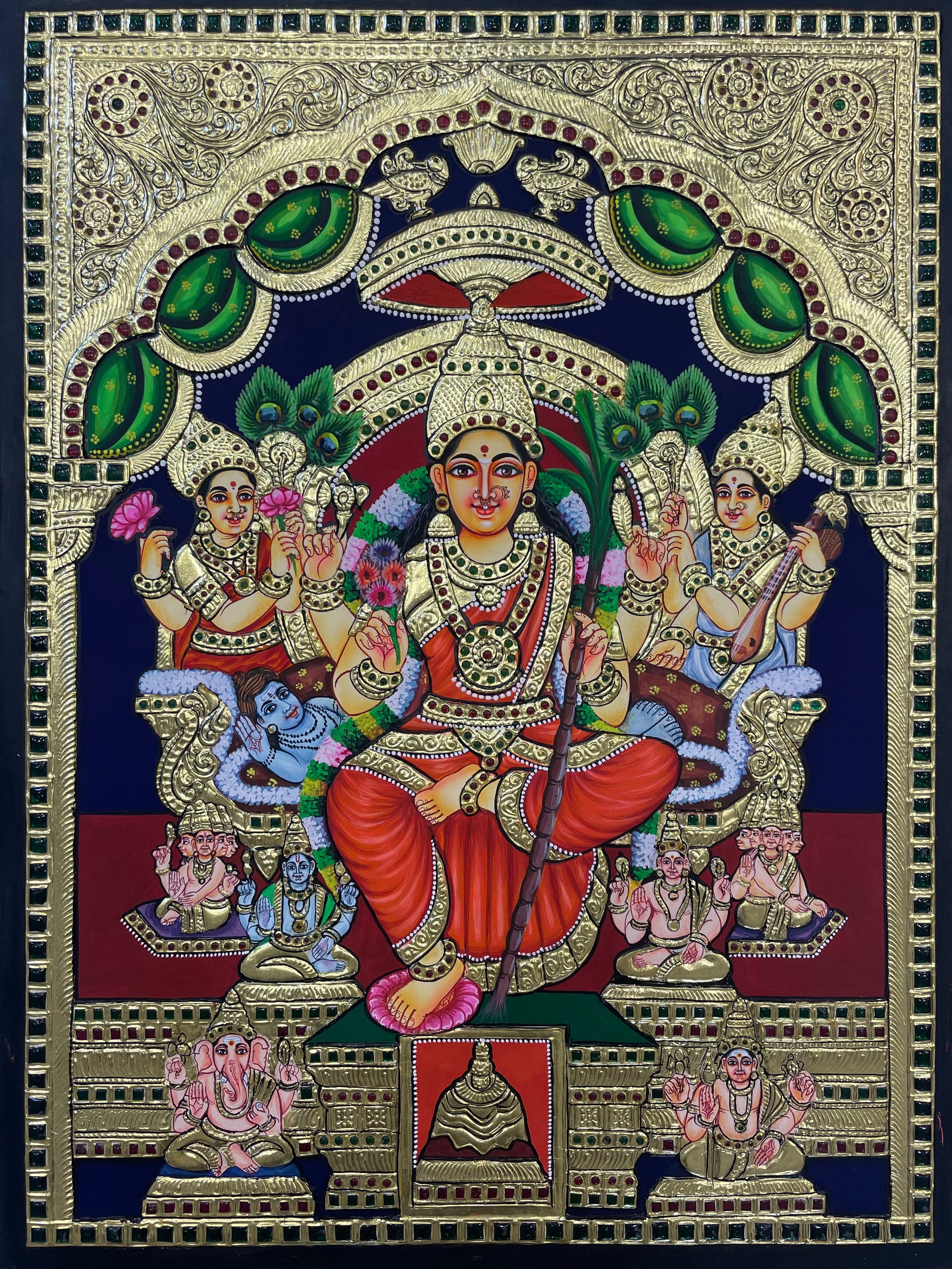 A close-up view of the Lalitha Parameshwari Tanjore painting, showcasing the rich textures, gold embellishments, and divine expression of the goddess, perfect for spiritual ambiance.