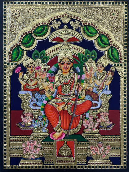 A close-up view of the Lalitha Parameshwari Tanjore painting, showcasing the rich textures, gold embellishments, and divine expression of the goddess, perfect for spiritual ambiance.