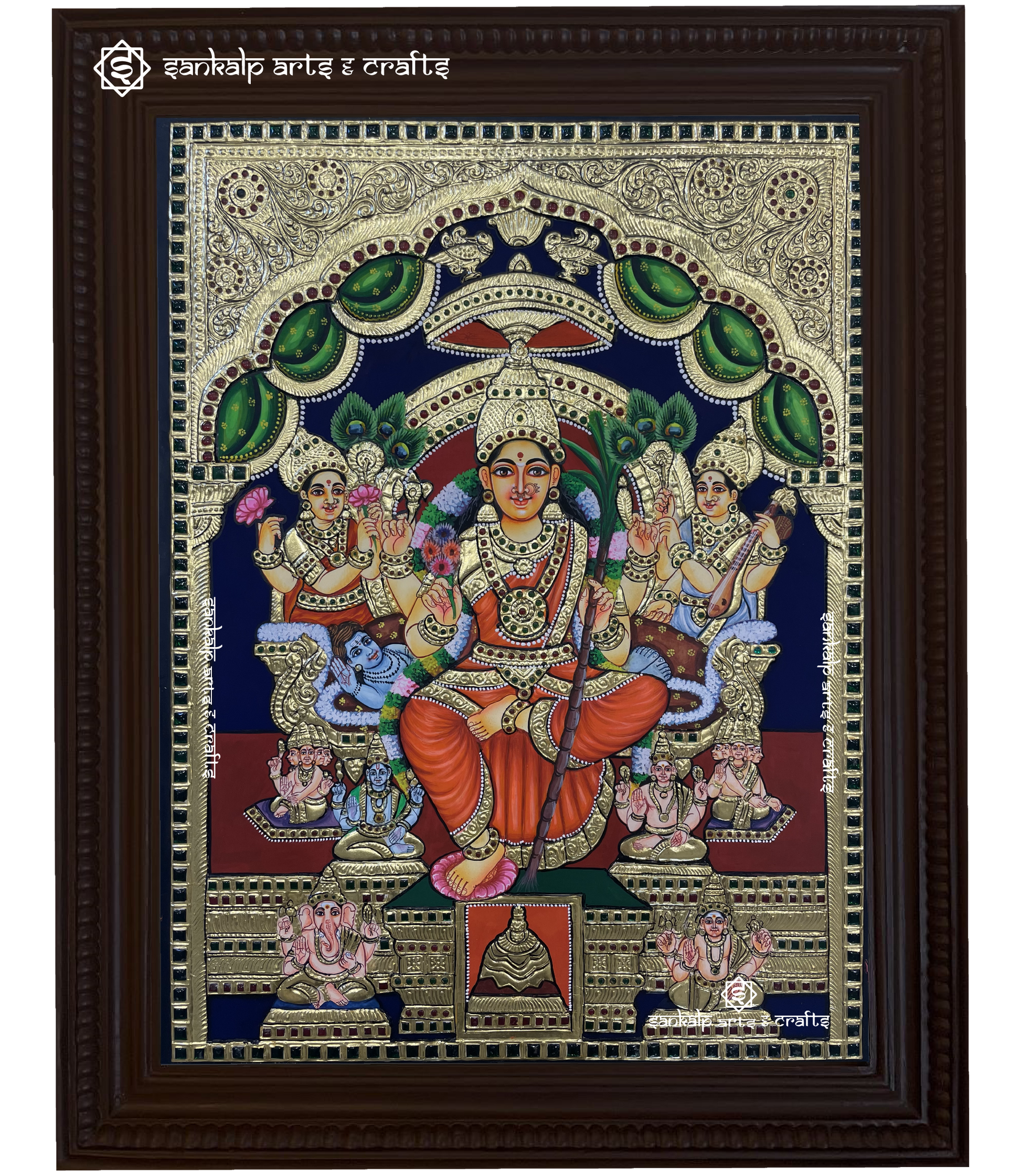 A magnificent Lalitha Parameshwari Tanjore painting, featuring the goddess in a radiant form with intricate gold foil work, vibrant colors, and traditional detailing.


