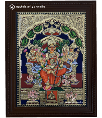 A magnificent Lalitha Parameshwari Tanjore painting, featuring the goddess in a radiant form with intricate gold foil work, vibrant colors, and traditional detailing.

