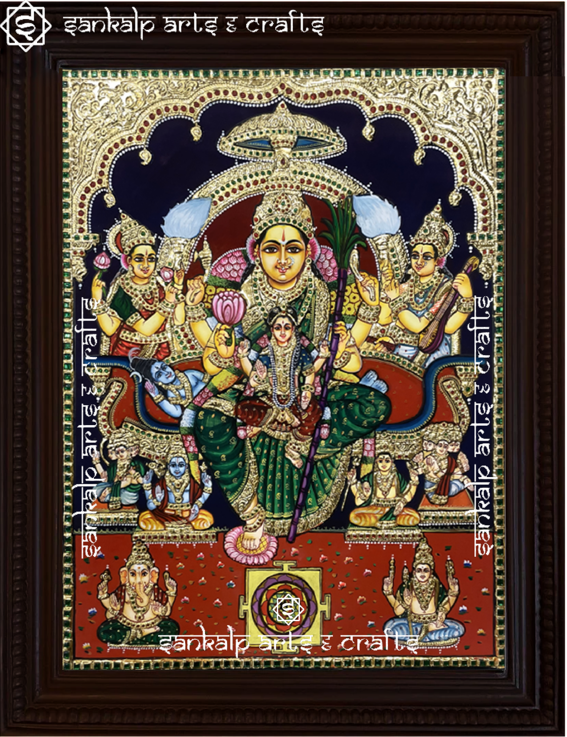 A magnificent Lalitha Parameshwari Tanjore painting featuring the Goddess in all her glory, adorned with intricate gold foil work. This sacred artwork is available in Chennai & Bangalore.

