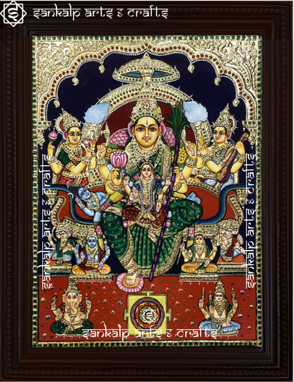 A magnificent Lalitha Parameshwari Tanjore painting featuring the Goddess in all her glory, adorned with intricate gold foil work. This sacred artwork is available in Chennai & Bangalore.

