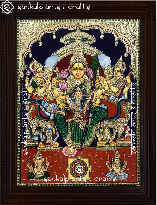 A magnificent Lalitha Parameshwari Tanjore painting featuring the Goddess in all her glory, adorned with intricate gold foil work. This sacred artwork is available in Chennai & Bangalore.

