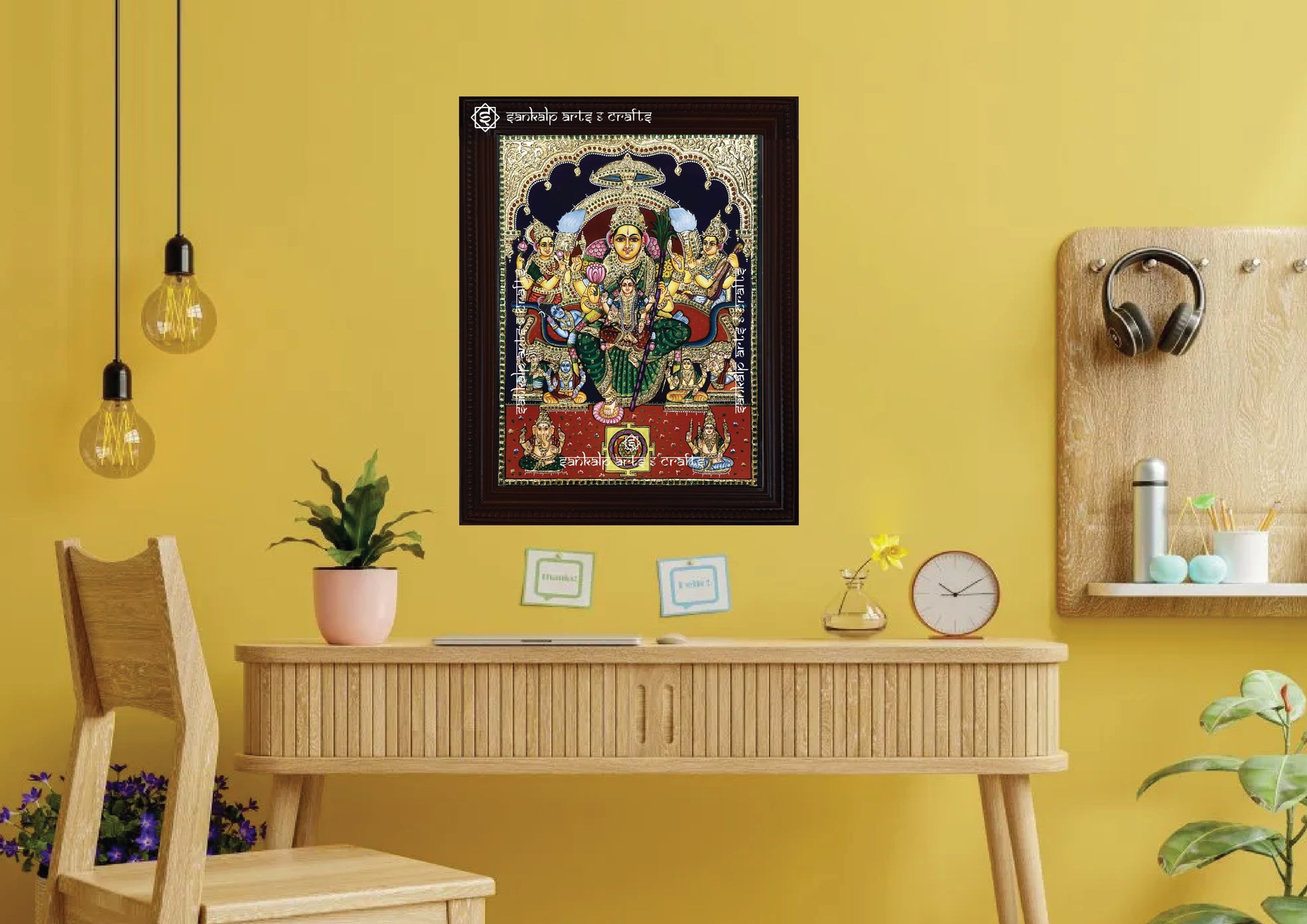 A framed Lalitha Parameshwari Tanjore painting with intricate gold embellishments, ideal for temples and spiritual spaces. This timeless beauty is available in Chennai & Bangalore.

