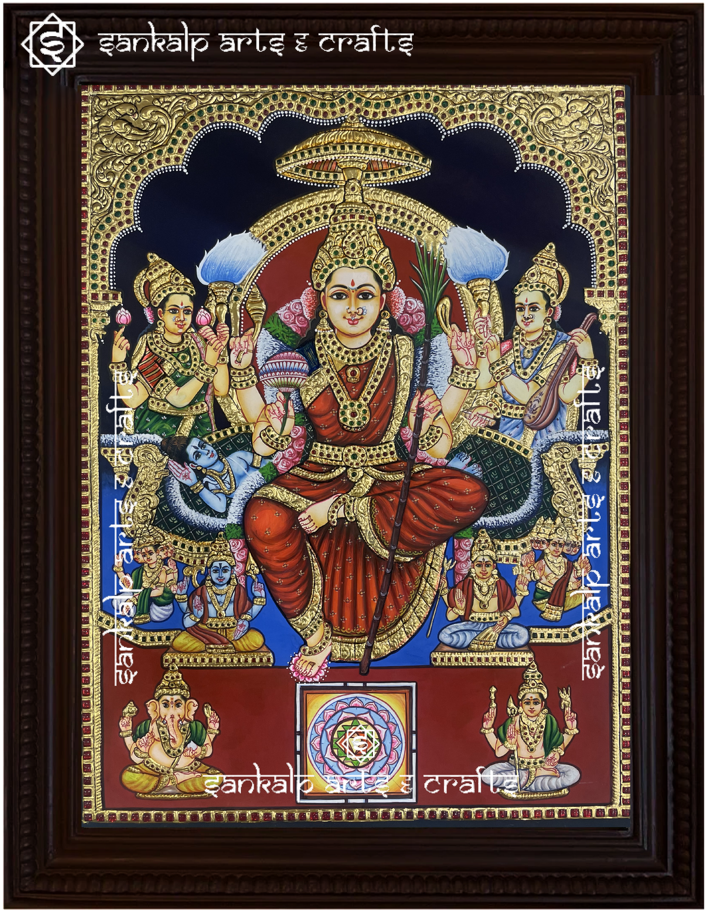A beautifully framed Tanjore painting of Goddess Lalitha Parameshwari, adorned with gold foil and vibrant colors. A perfect spiritual decor piece for homes in Chennai & Bangalore.

