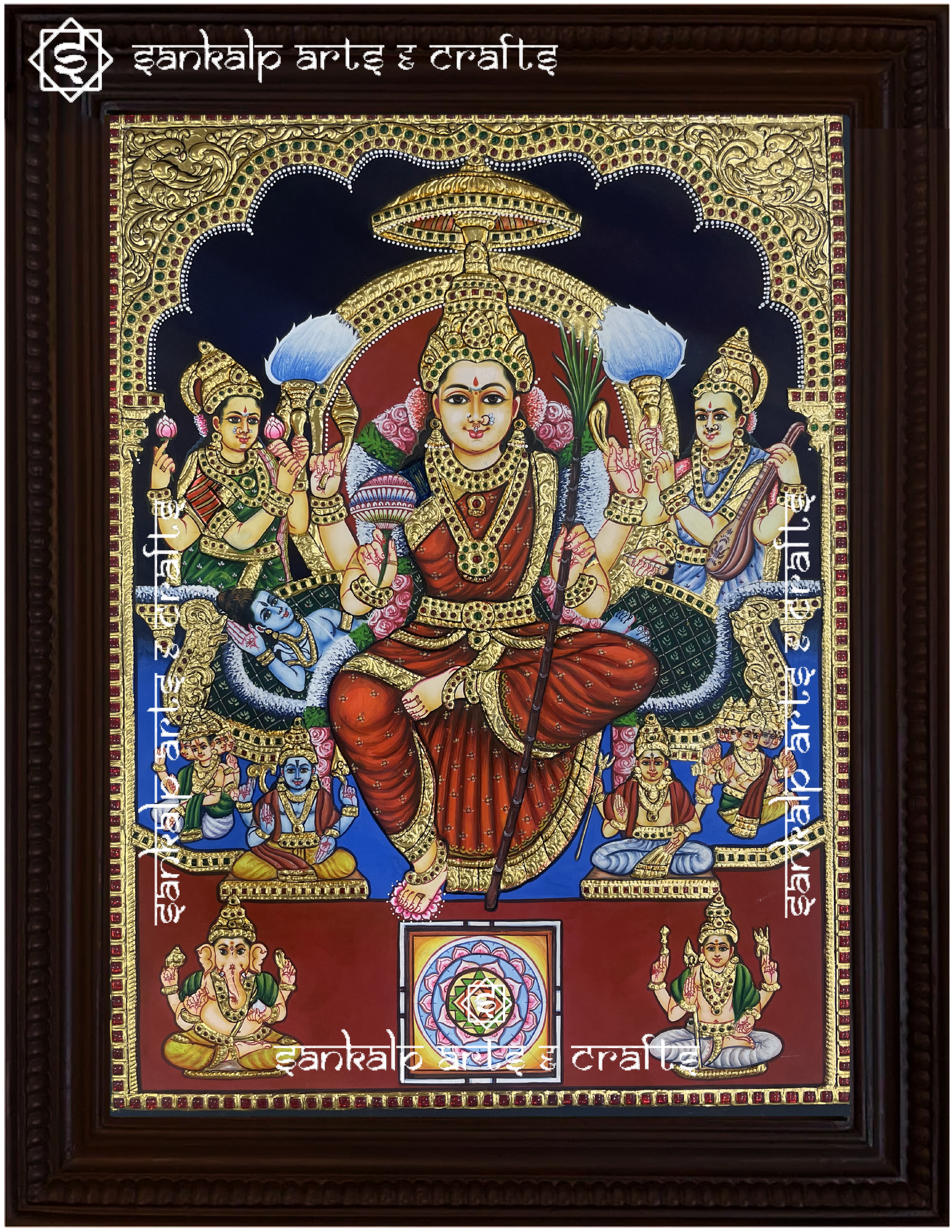 A beautifully framed Tanjore painting of Goddess Lalitha Parameshwari, adorned with gold foil and vibrant colors. A perfect spiritual decor piece for homes in Chennai & Bangalore.

