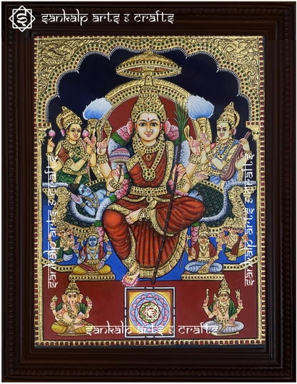 A beautifully framed Tanjore painting of Goddess Lalitha Parameshwari, adorned with gold foil and vibrant colors. A perfect spiritual decor piece for homes in Chennai & Bangalore.

